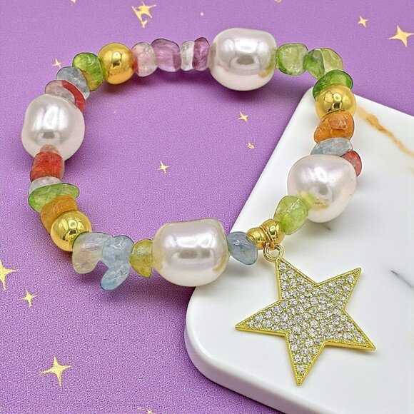 🆕 Y2K Style Colorful Gemstone Bracelet W/ Zirconia Star Charm Stainless Steel - Picture 1 of 13